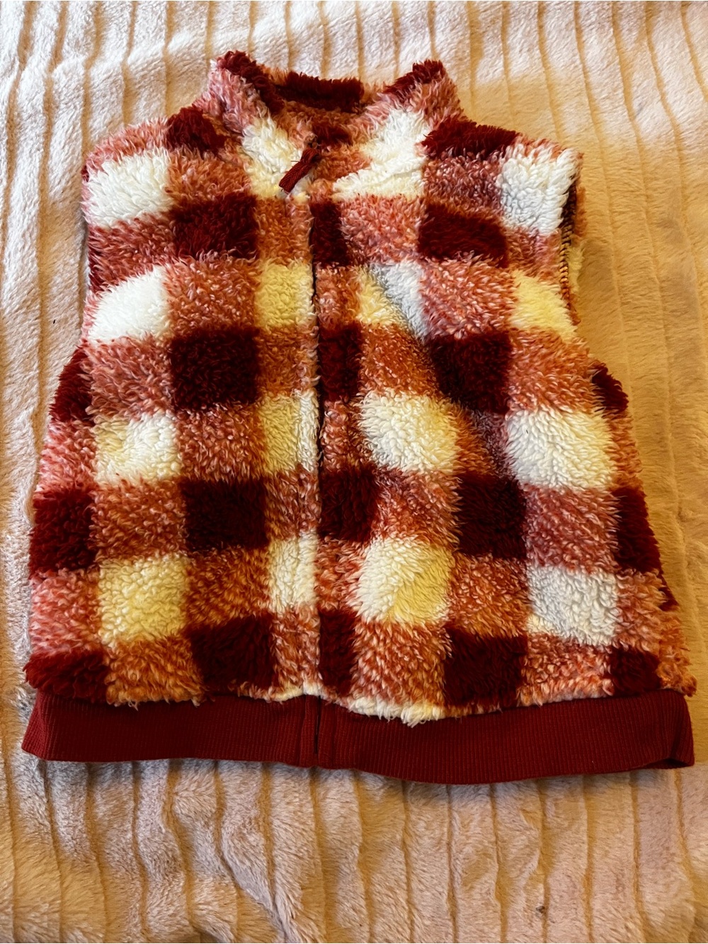 Little Me Plush Checkered Sherpa Vest in Red, Cream & Rust